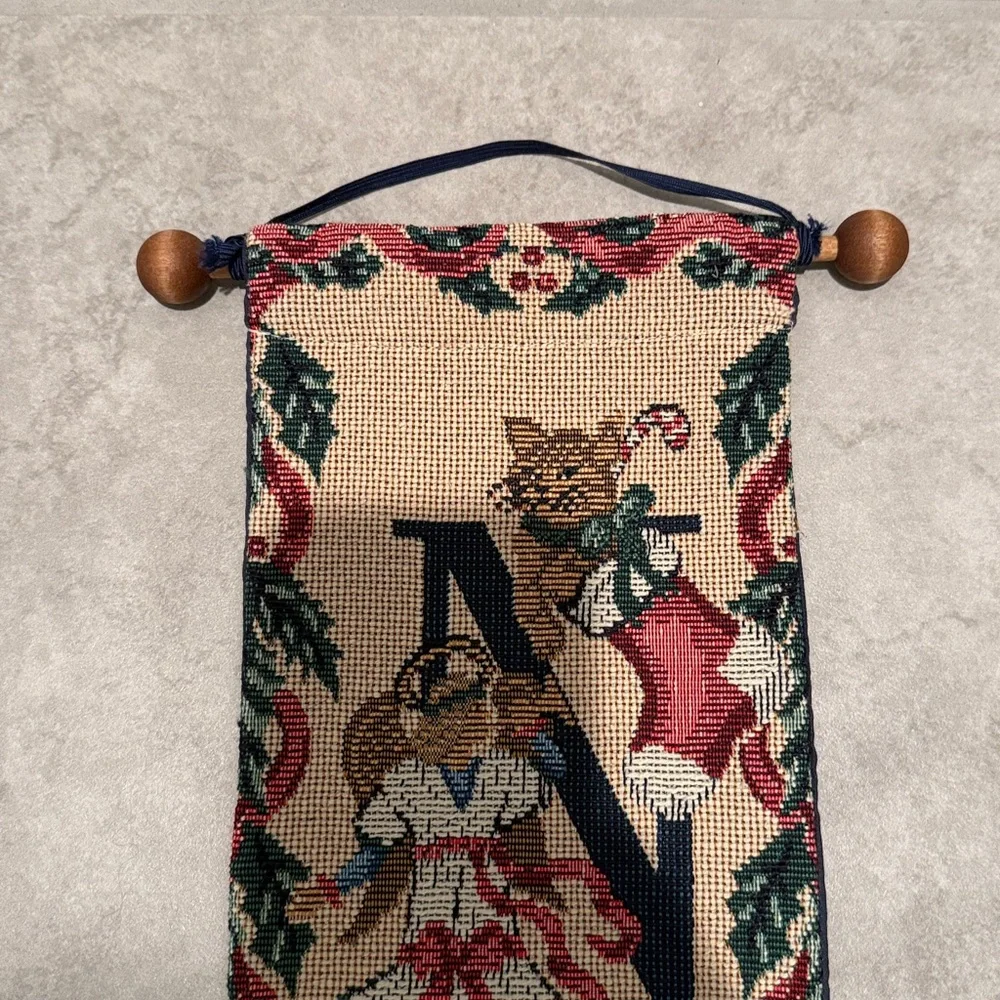Vintage NOEL Needlepoint Vertical Tapestry Wall Hanging in Cream and Navy